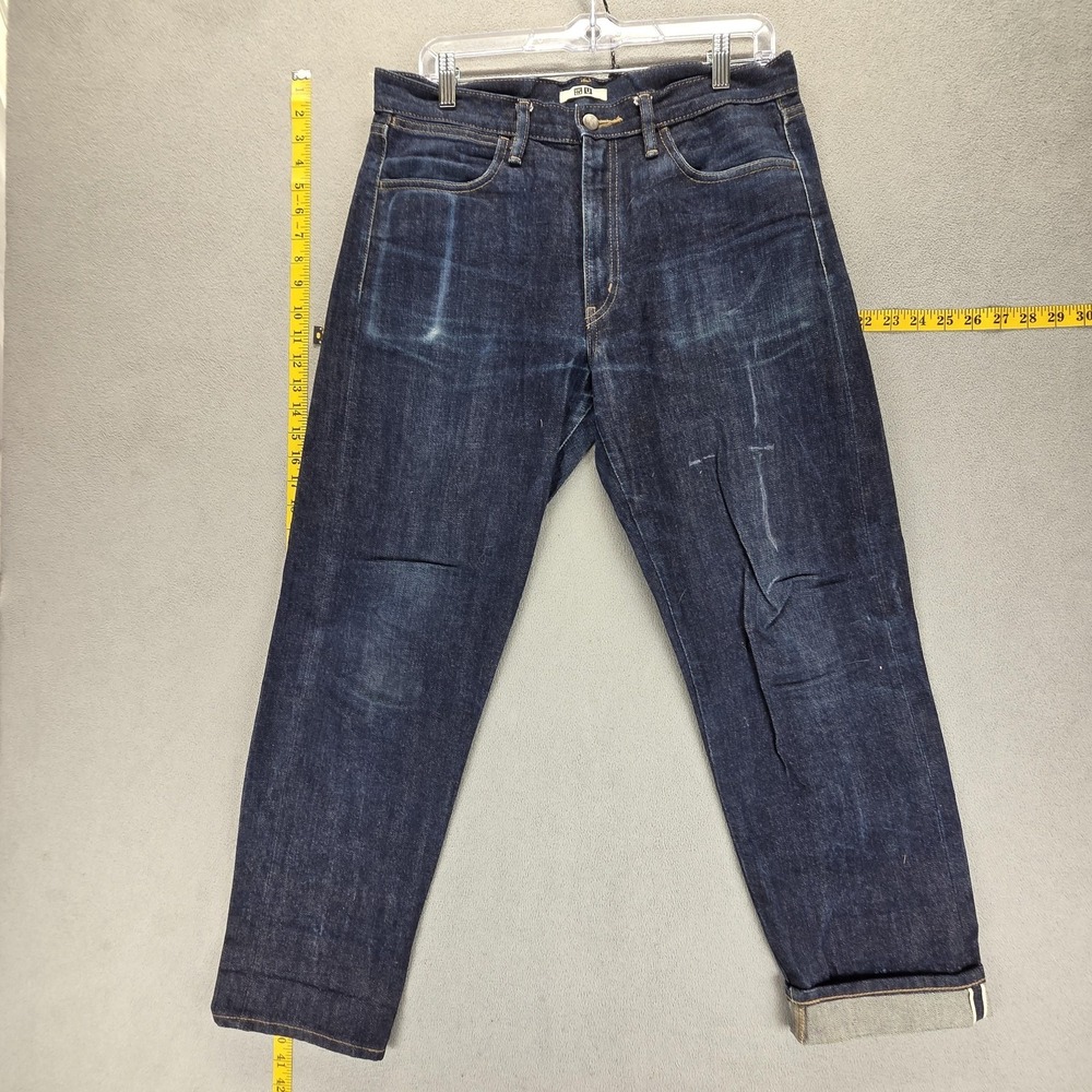 Uniqlo Jeans Mens 31x28 Blue Slim Tapered Dark Wash Zip Fly Denim‎ Fade